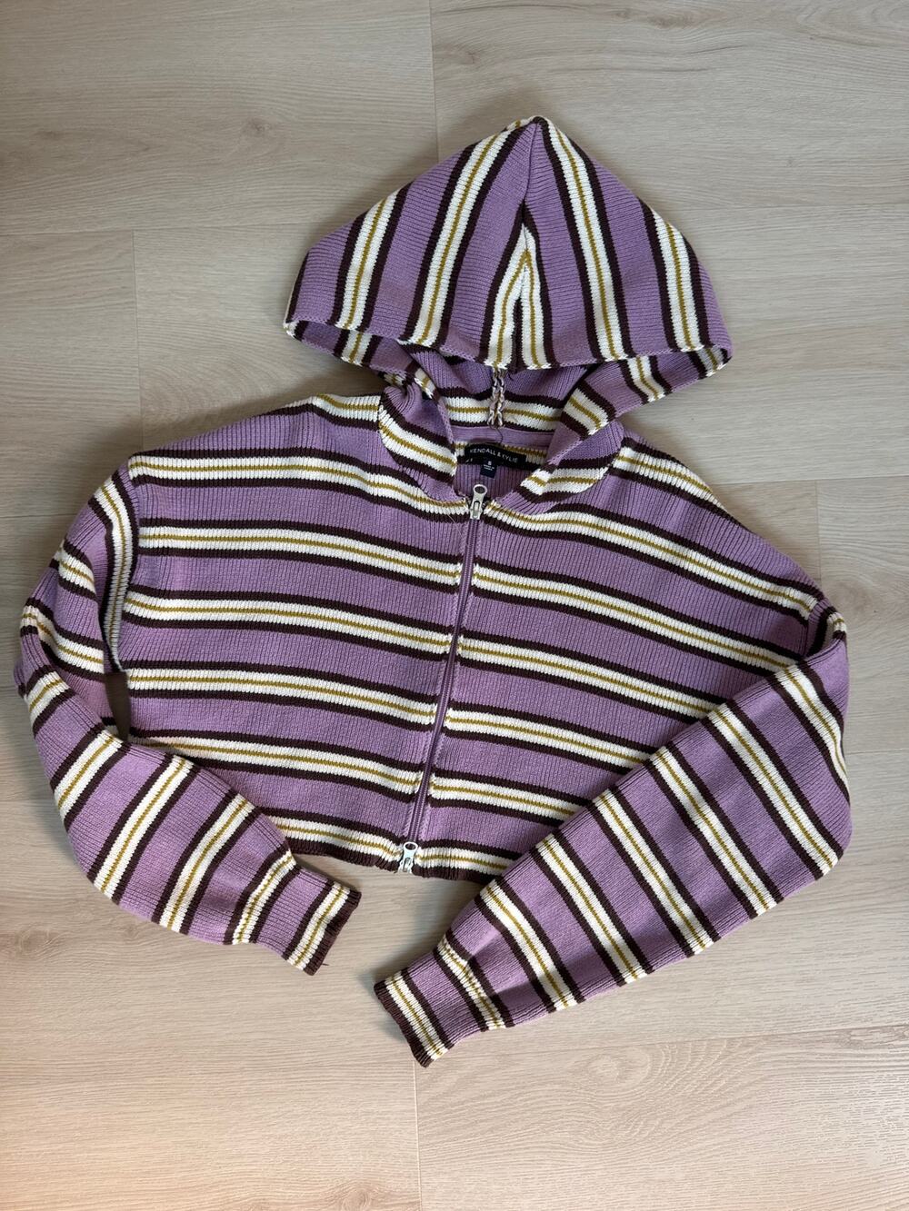 Kendall & Kylie Striped Hooded Crop Sweater Zip Up Y2K 90s Grunge Knit Size S